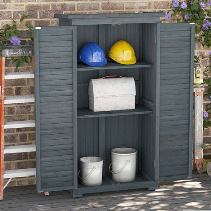 Outsunny - Gartenschrank Holz, Outdoor Schrank, Terrassenschrank, Gerätehaus mit Pultdach, Bitumenpappe, Lamellentüren, Grau, 87x46,5x160cm
