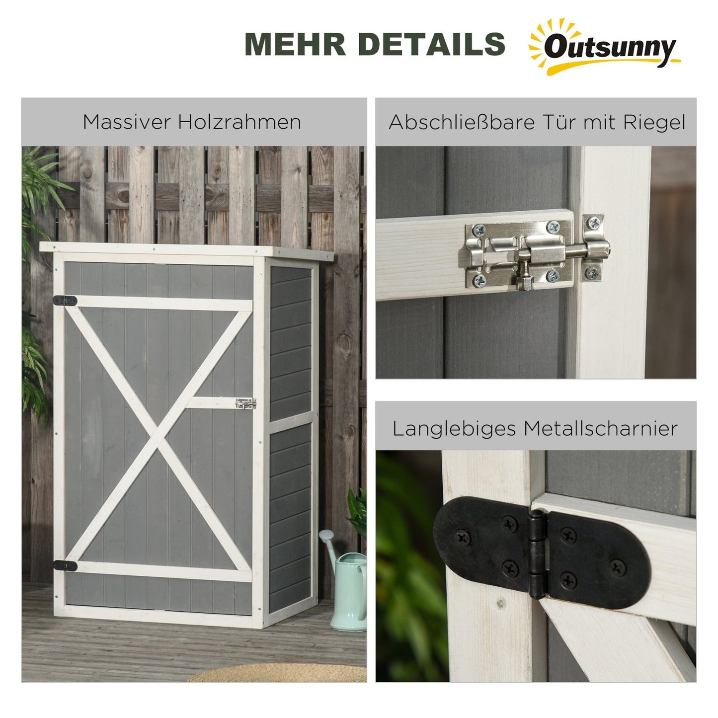 Gartenschrank Holz, Outdoor schrank, Gartenhaus, Werkzeugschrank, Gerätehaus Regalböden Tanne, Schwarz Grau Weiß, Outsunny, 6