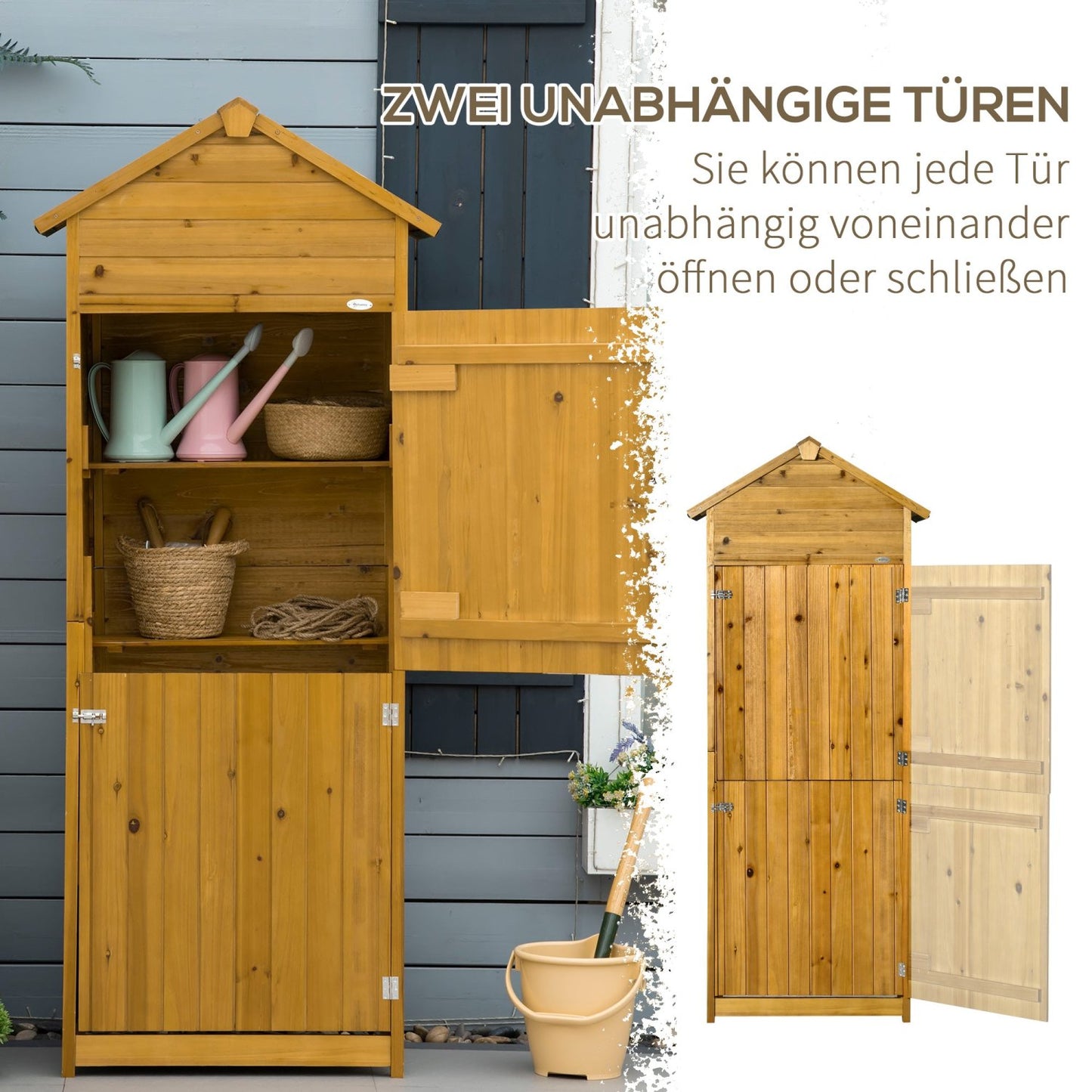 Gartenschrank Holz, Outdoor schrank, Geräteschrank, Gartenschrank, Gartenhaus, 2 Regale, wetterfest, 2 Türen, Outsunny, 5