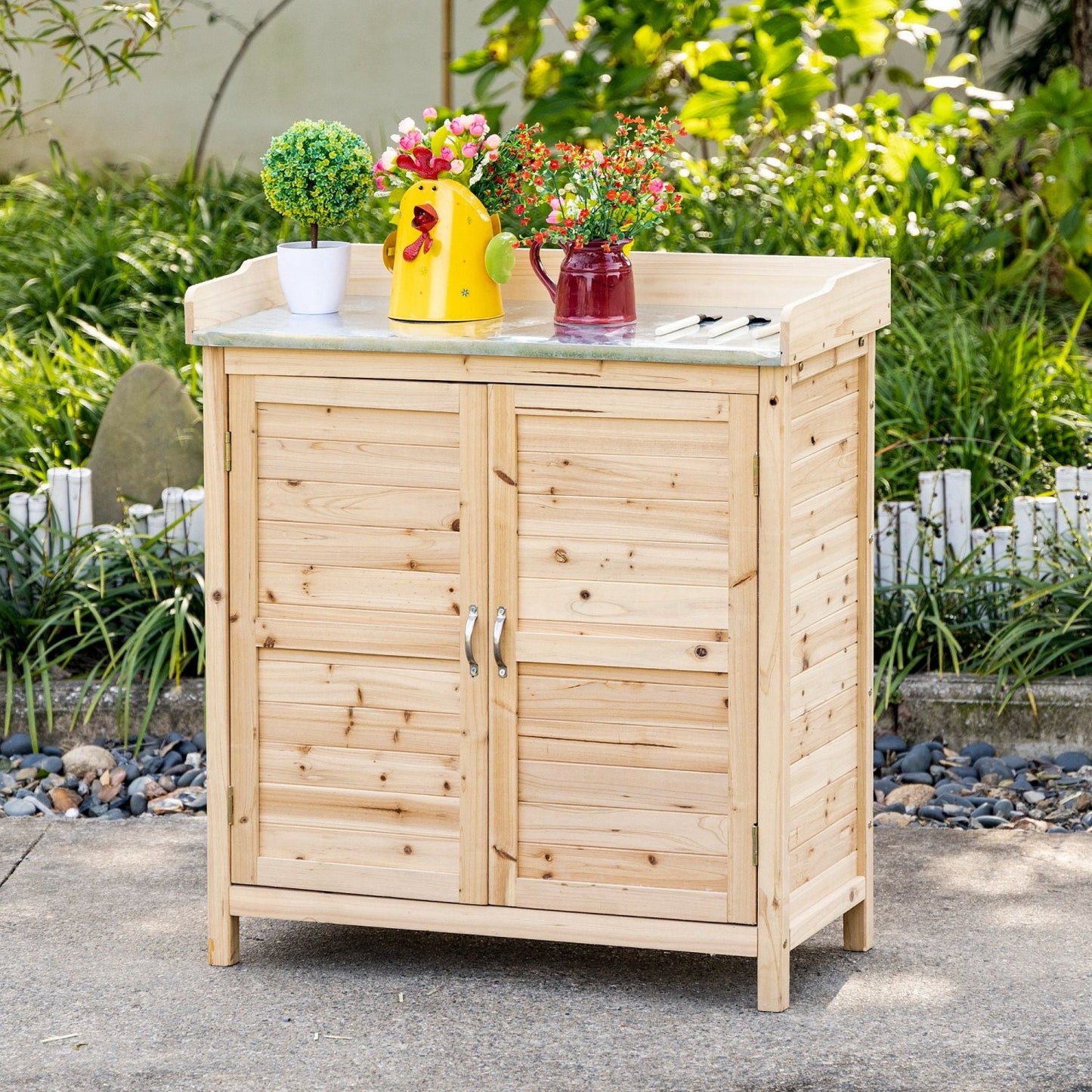 Gartenschrank Holz, Outdoor schrank, Werkzeugschrank, Pflanztisch mit Unterschrank, Geräteschrank, Natur , Outsunny