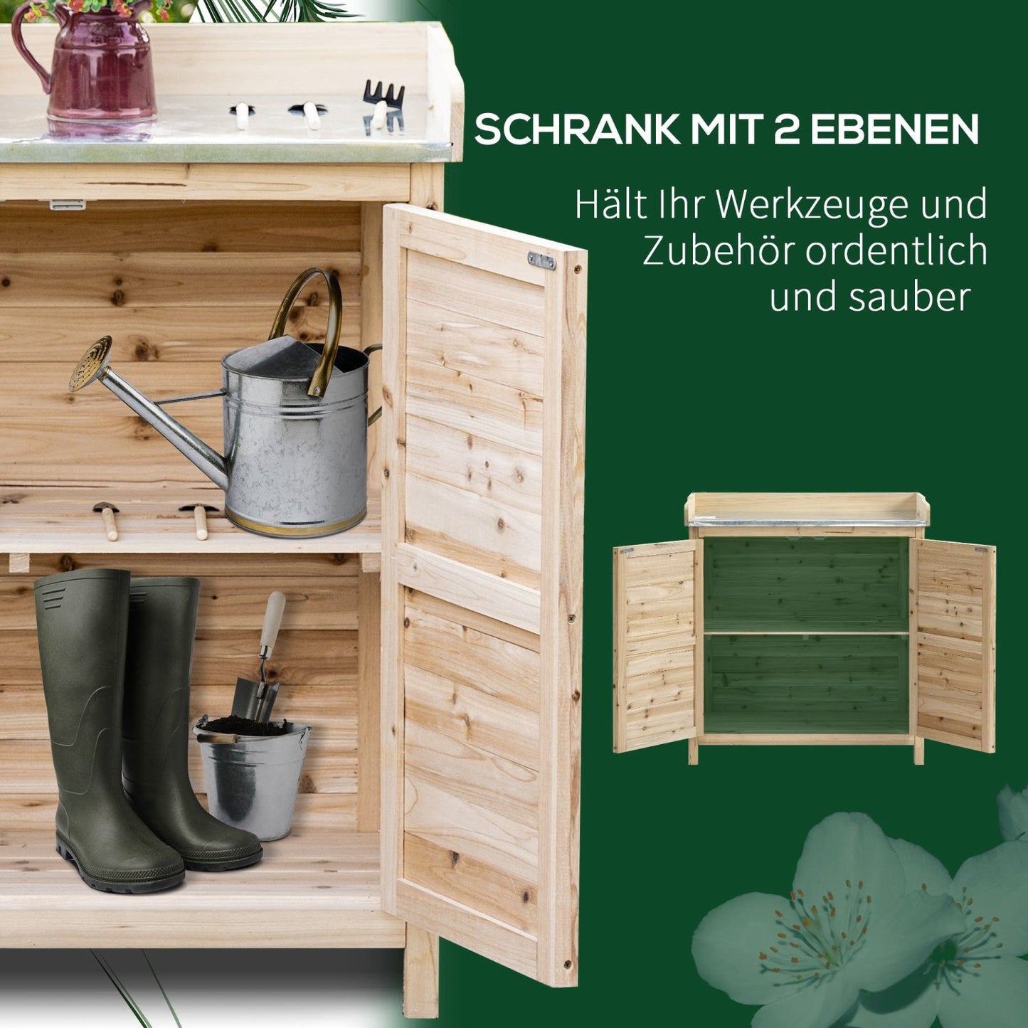 Gartenschrank Holz, Outdoor schrank, Werkzeugschrank, Pflanztisch mit Unterschrank, Geräteschrank, Natur , Outsunny, 2