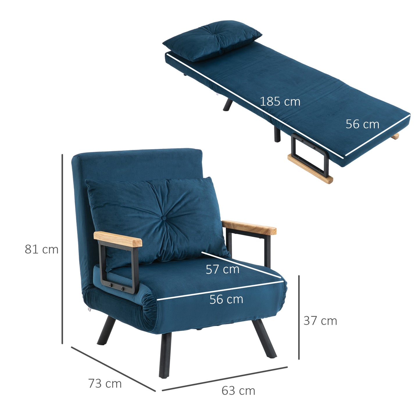 HOMCOM - Schlafsofa Relaxsessel Bettfunktion Gästebett Samt Rückenkissen verstellbare Rückenlehne 63x73x81cm, Blau