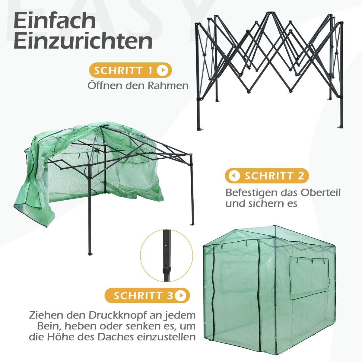 Gewächshaus, Foliengewächshaus, Gewächshaus groß, Tragbares Pop-up-Gewächshaus Begehbares, Gewächshaus folie 180 x 250 x 230 cm, Grün, Costway, 5