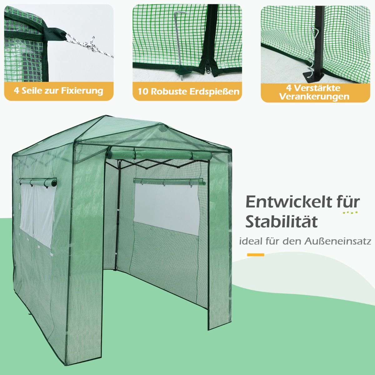Gewächshaus, Foliengewächshaus, Gewächshaus groß, Tragbares Pop-up-Gewächshaus Begehbares, Gewächshaus folie 180 x 250 x 230 cm, Grün, Costway, 7