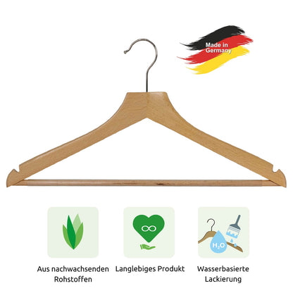 MAWA Profi RE RFS - Kleiderbügel holz, 10er, kleiderbügel, mit Rockeinkerbung, Breite 42, mit Holzstange, Buche Natur, 2