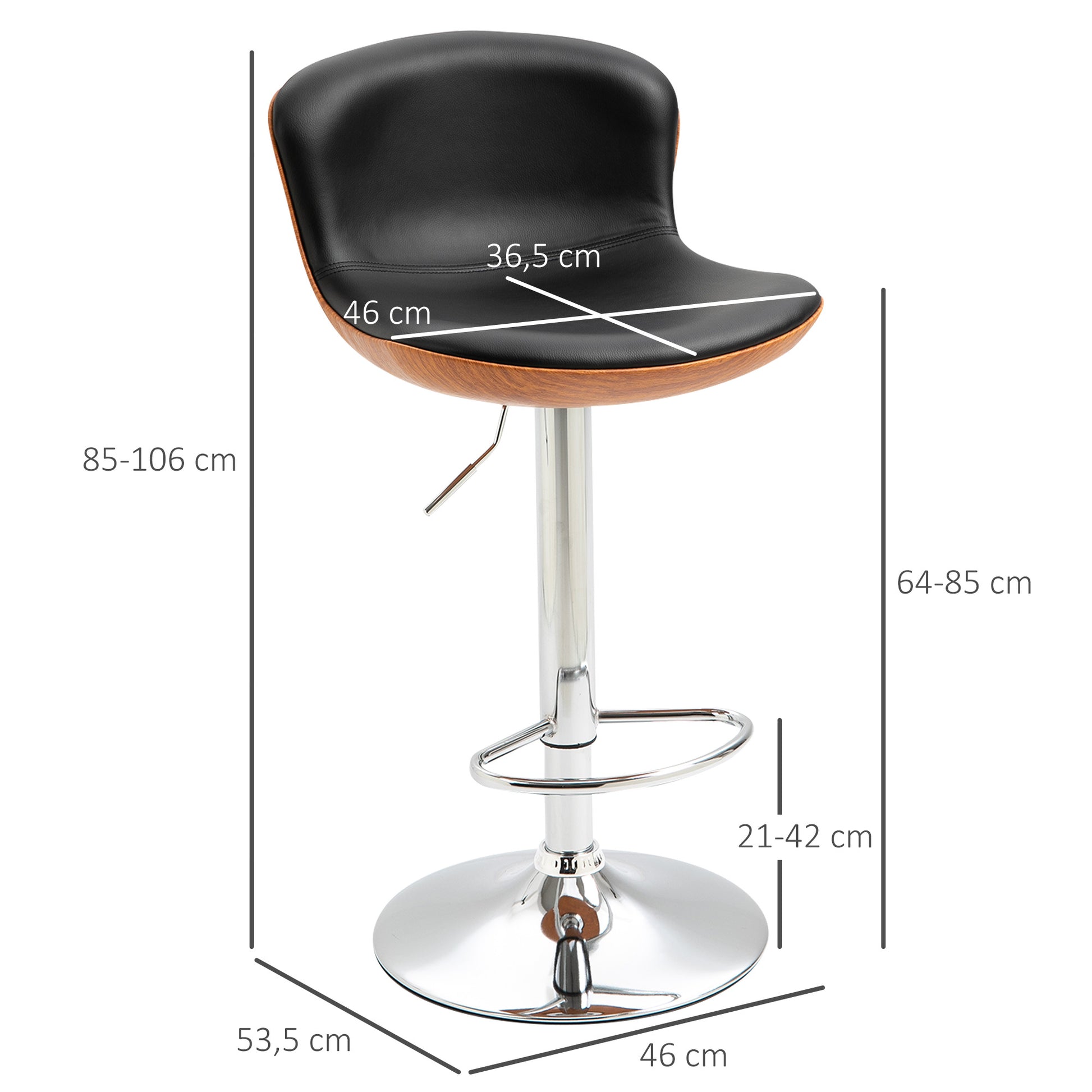 Barhocker höhenverstellbar, Barhocker 2er set, mit Fußstütze, Barstuhl mit Rückenlehne, Bistrohocker, Schwarz, HOMCOM, 1