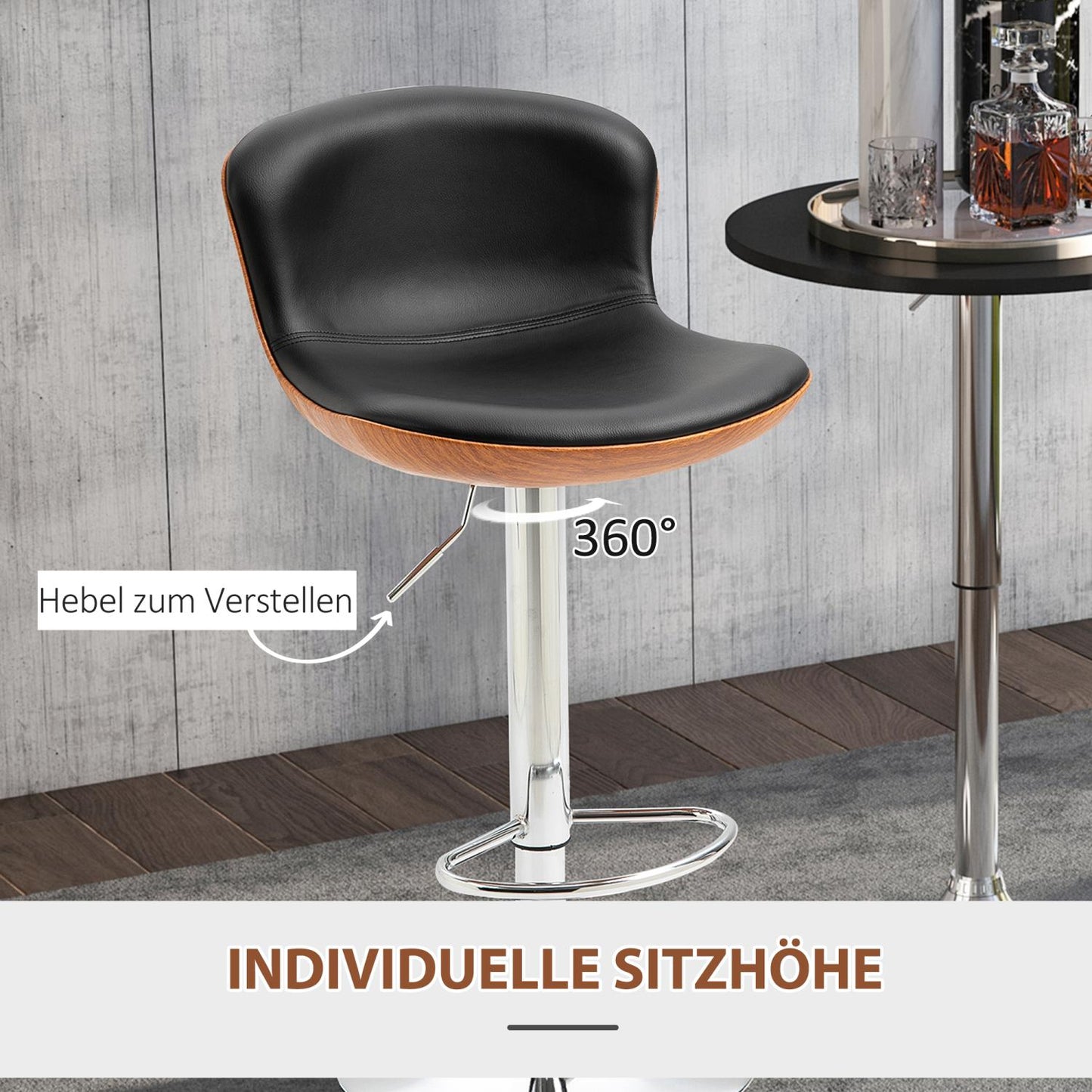 Barhocker höhenverstellbar, Barhocker 2er set, mit Fußstütze, Barstuhl mit Rückenlehne, Bistrohocker, Schwarz, HOMCOM, 3