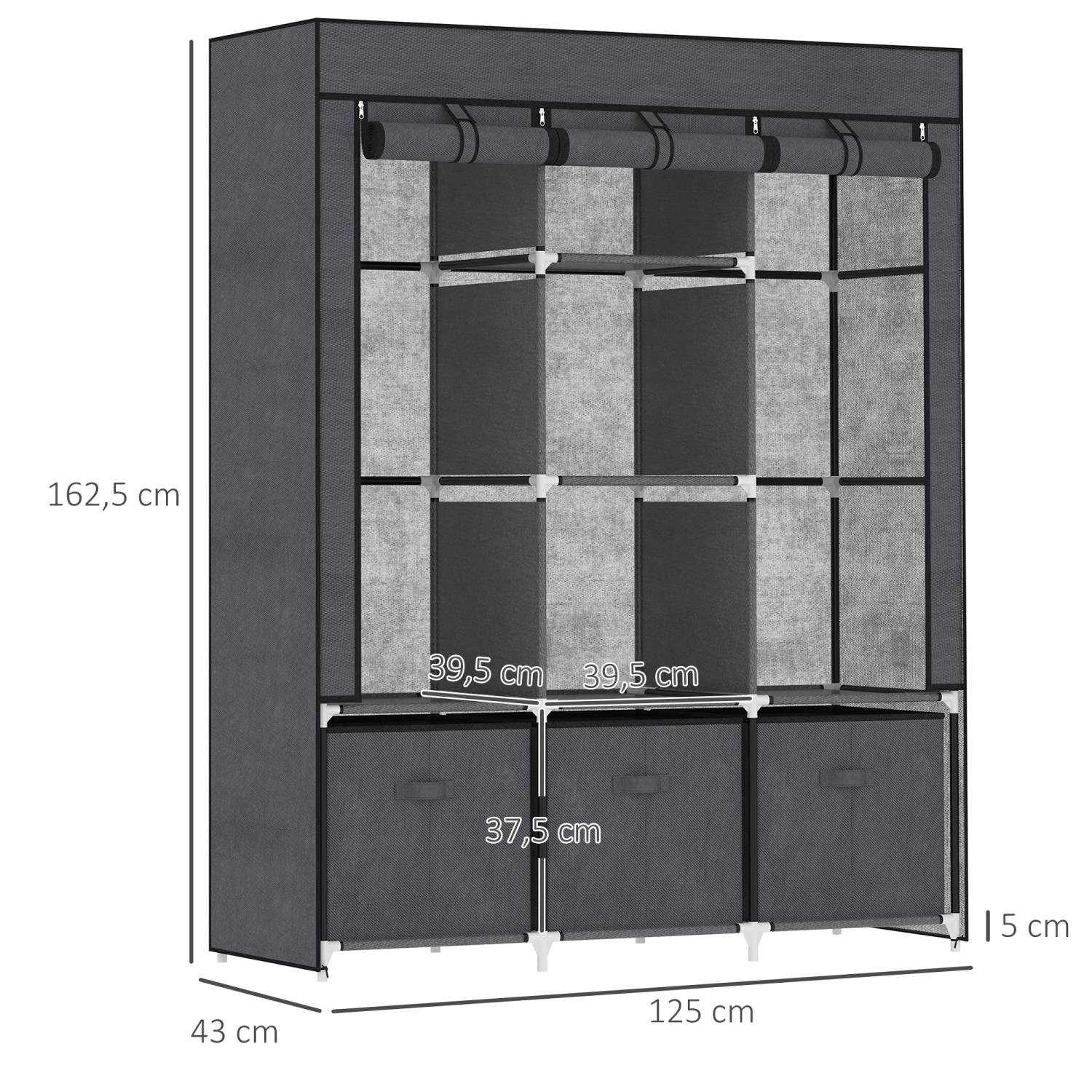 Stoffkleiderschrank, Faltschrank, Faltbarer Kleiderschrank, Stoffschrank, mit Reißverschluss, Dunkelgrau, HOMCOM, 1