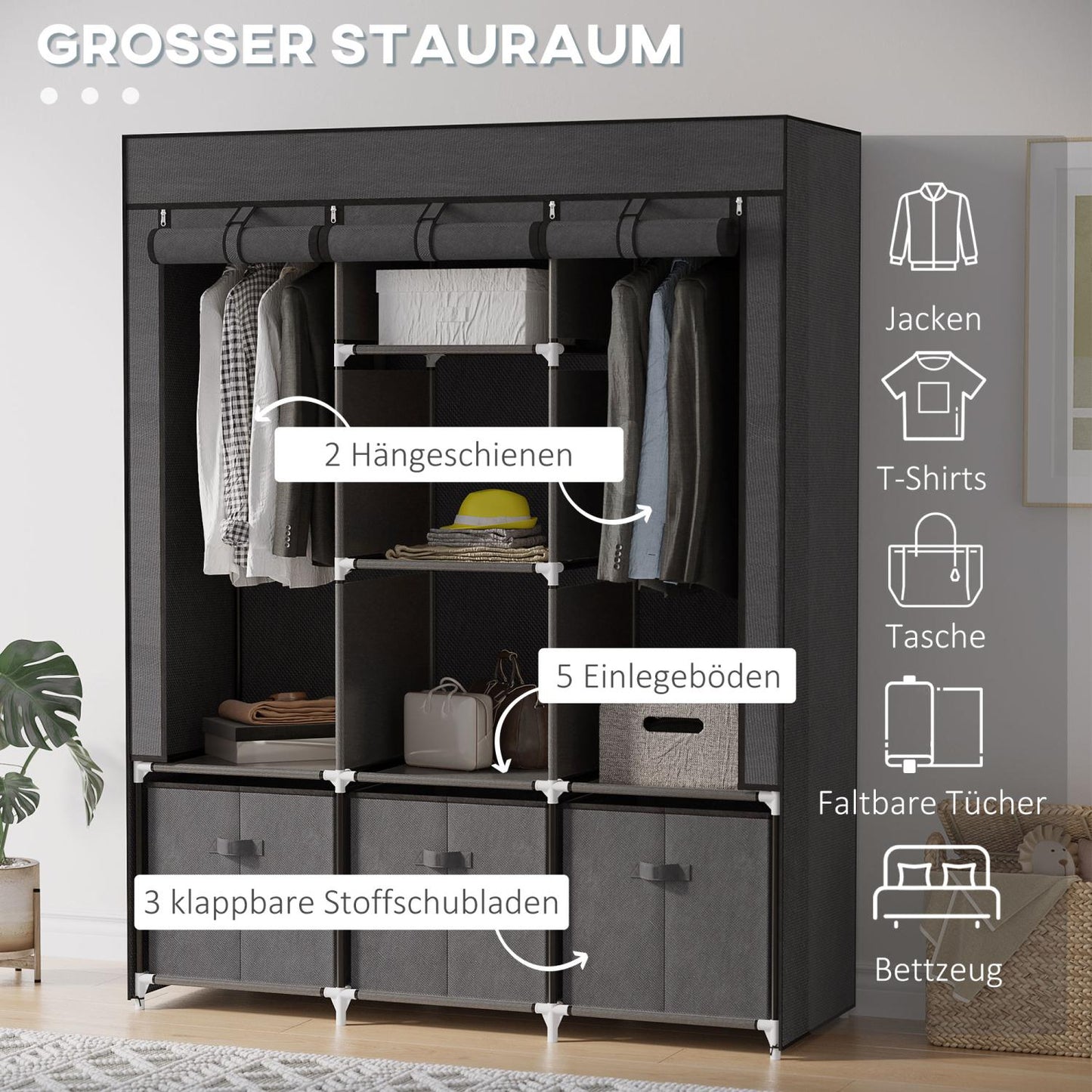 Stoffkleiderschrank, Faltschrank, Faltbarer Kleiderschrank, Stoffschrank, mit Reißverschluss, Dunkelgrau, HOMCOM, 2