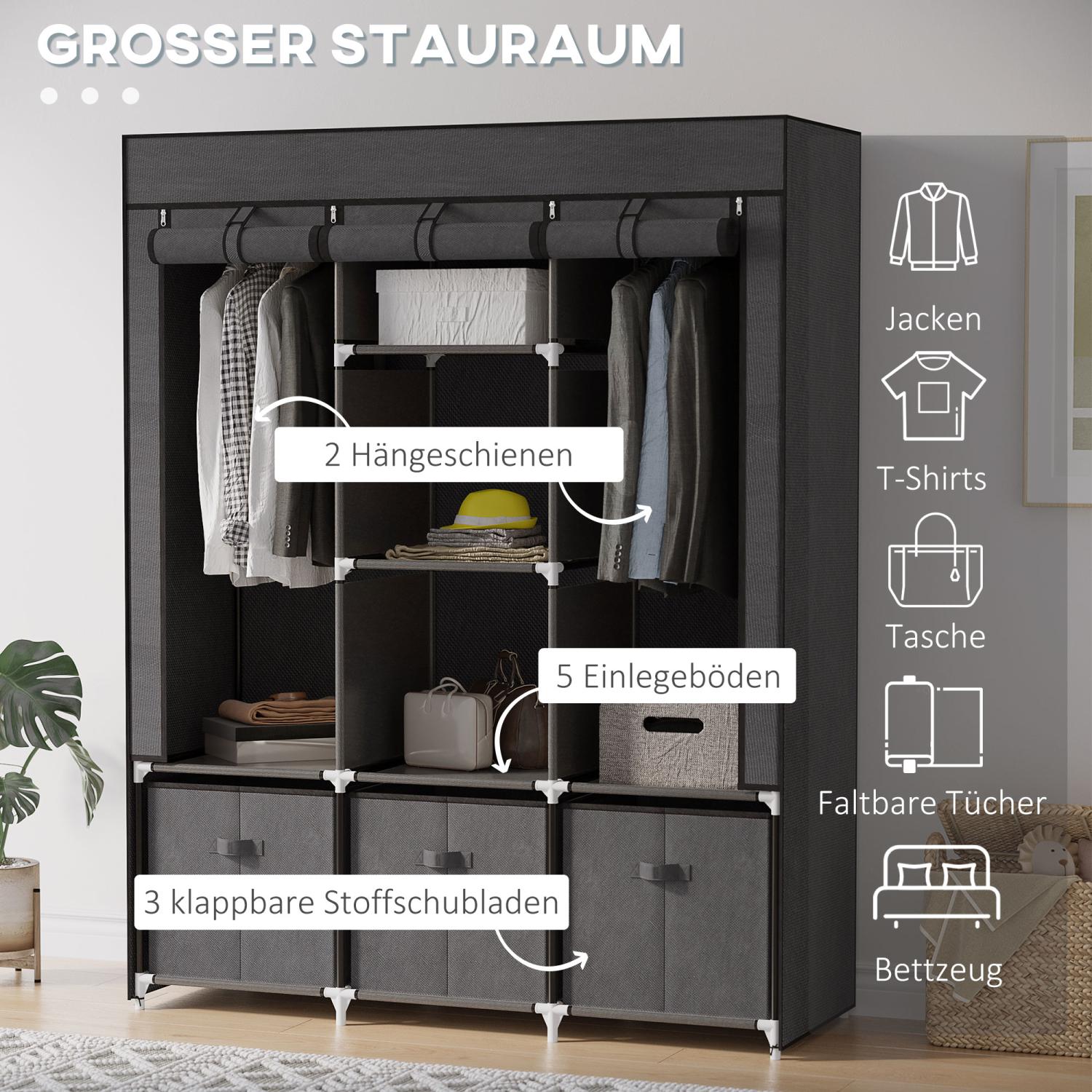 Stoffkleiderschrank, Faltschrank, Faltbarer Kleiderschrank, Stoffschrank, mit Reißverschluss, Dunkelgrau, HOMCOM, 2