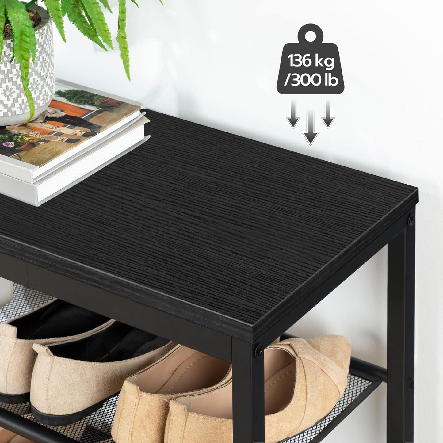 Schuhregal, 3 Ebenen, Schuhbank, mit 2 Netzablage, Schuhregal Schmal, 75x28.5x48.5cm, Schuhregal metall, Schwarz, HOOBRO, 3