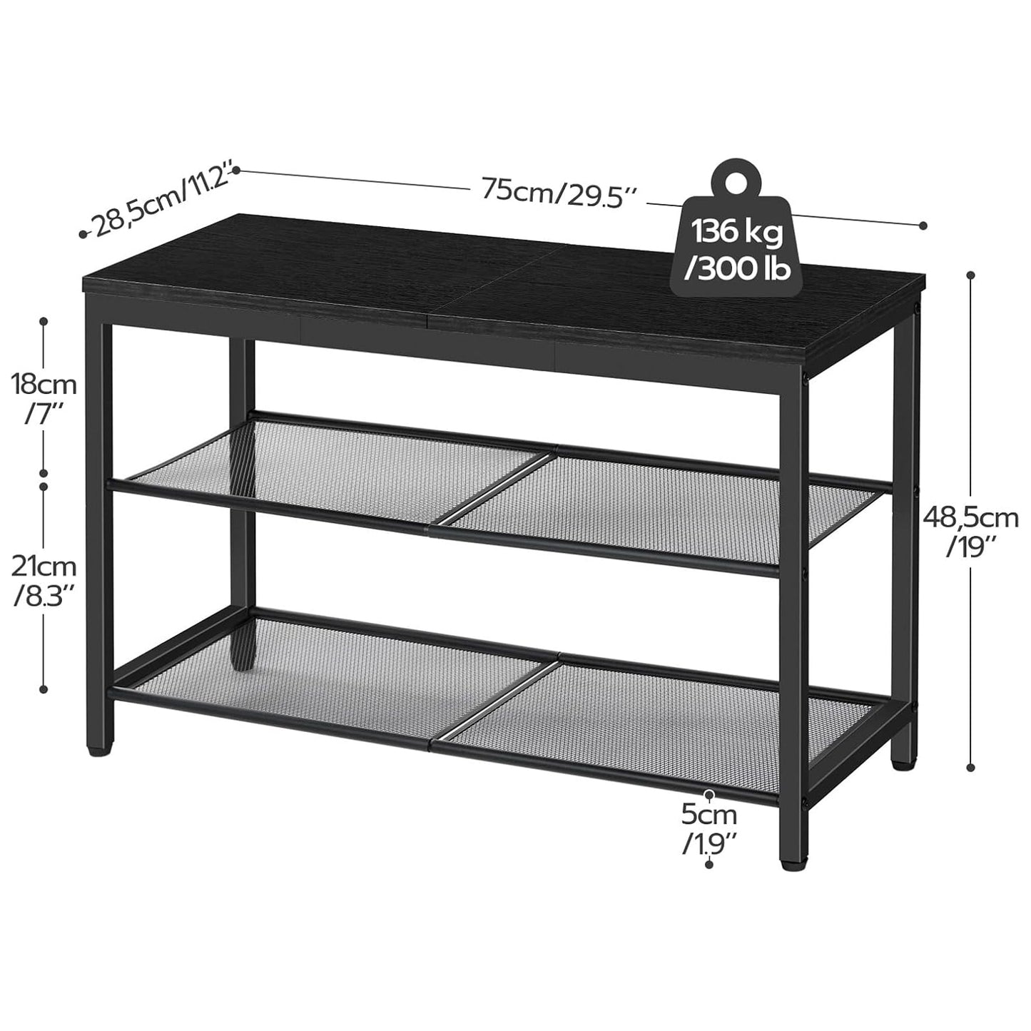 Schuhregal, 3 Ebenen, Schuhbank, mit 2 Netzablage, Schuhregal Schmal, 75x28.5x48.5cm, Schuhregal metall, Schwarz, HOOBRO, 4