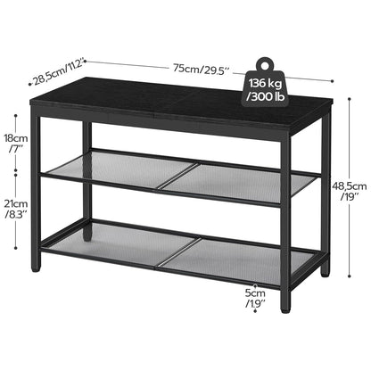 Schuhregal, 3 Ebenen, Schuhbank, mit 2 Netzablage, Schuhregal Schmal, 75x28.5x48.5cm, Schuhregal metall, Schwarz, HOOBRO, 4