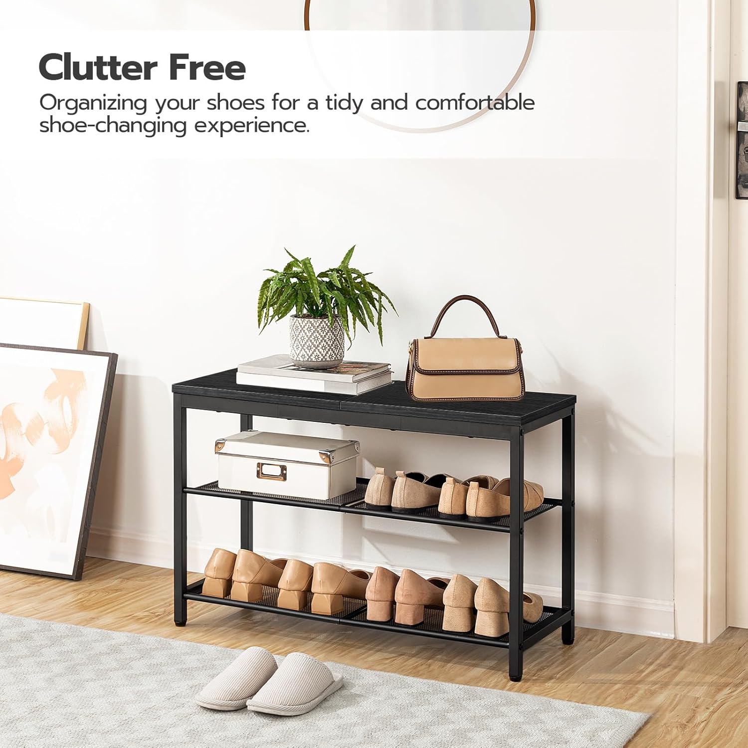 Schuhregal, 3 Ebenen, Schuhbank, mit 2 Netzablage, Schuhregal Schmal, 75x28.5x48.5cm, Schuhregal metall, Schwarz, HOOBRO, 6