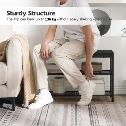 Schuhregal, 3 Ebenen, Schuhbank, mit 2 Netzablage, Schuhregal Schmal, 75x28.5x48.5cm, Schuhregal metall, Schwarz, HOOBRO, 2