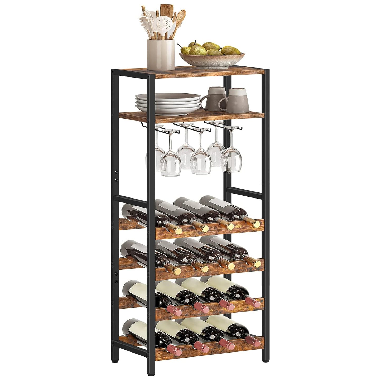 Weinregal, Flaschenregal, für 16 Flaschen, Weinständer, mit Tischplatte, Weinglashalter, Braun-schwarz, HOOBRO, 7