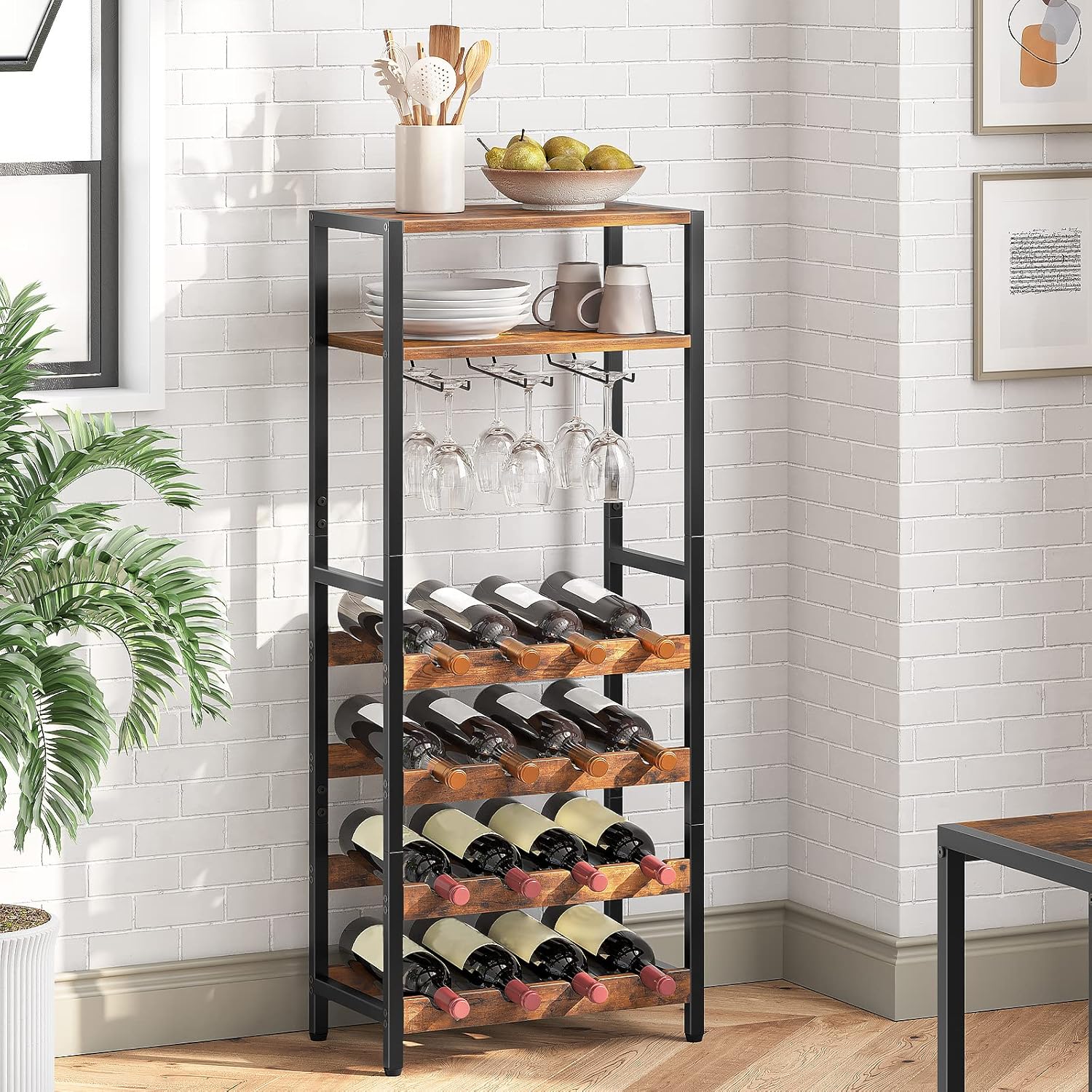 Weinregal, Flaschenregal, für 16 Flaschen, Weinständer, mit Tischplatte, Weinglashalter, Braun-schwarz, HOOBRO, 1