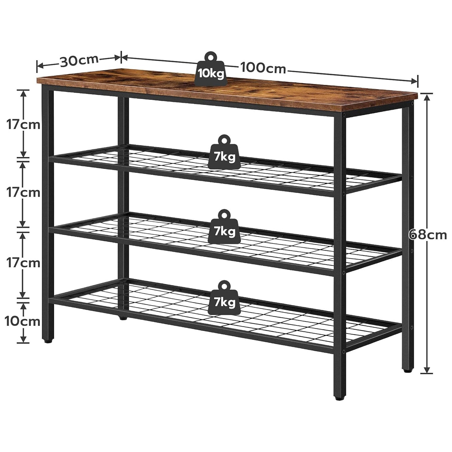 Schuhregal, 4 Ebenen, Schuhregal metall, mit Tischplatte und 3 Netzablage, Schuhregal Schmal, Braun-Schwarz, HOOBRO, 3