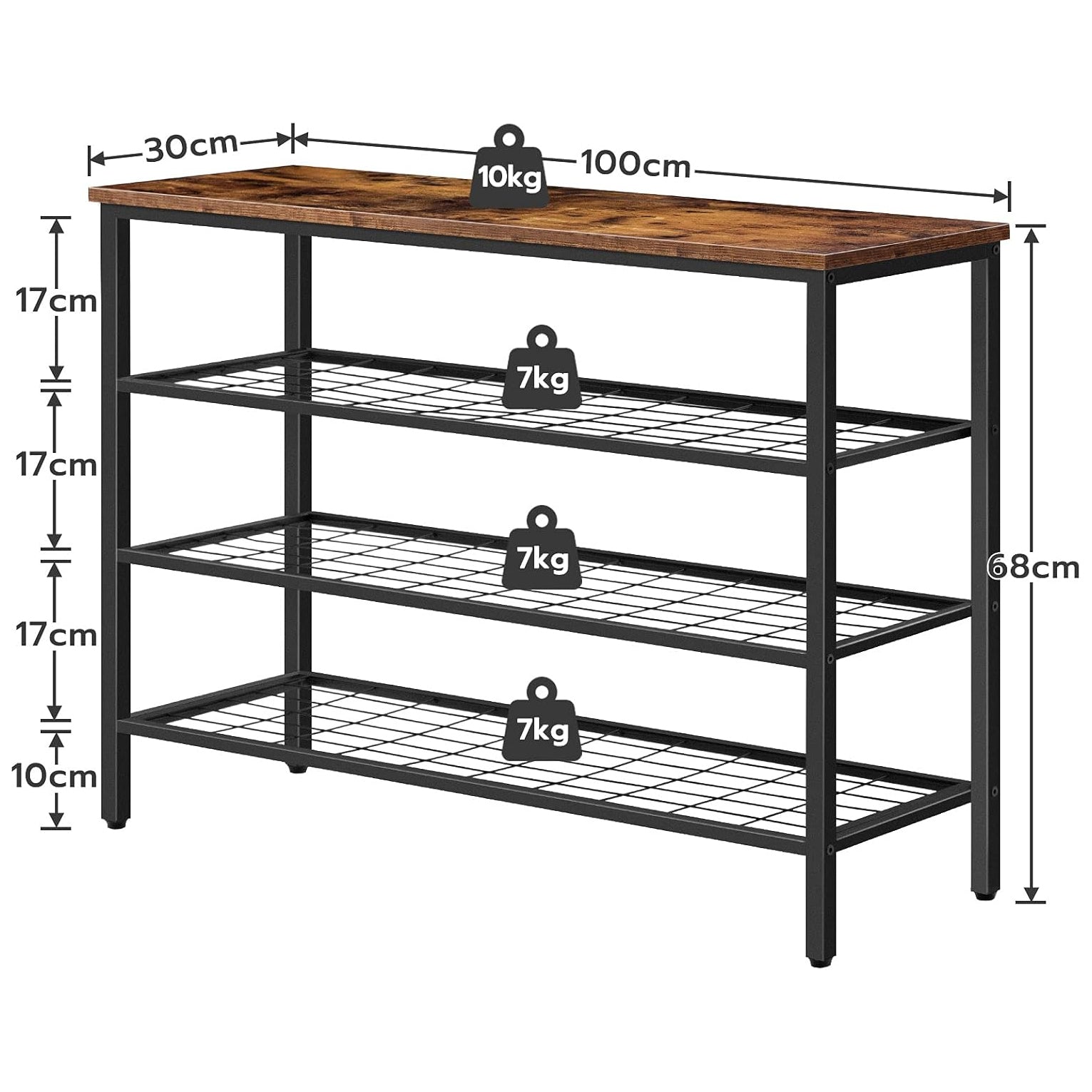 Schuhregal, 4 Ebenen, Schuhregal metall, mit Tischplatte und 3 Netzablage, Schuhregal Schmal, Braun-Schwarz, HOOBRO, 3