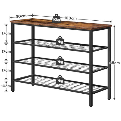 Schuhregal, 4 Ebenen, Schuhregal metall, mit Tischplatte und 3 Netzablage, Schuhregal Schmal, Braun-Schwarz, HOOBRO, 3