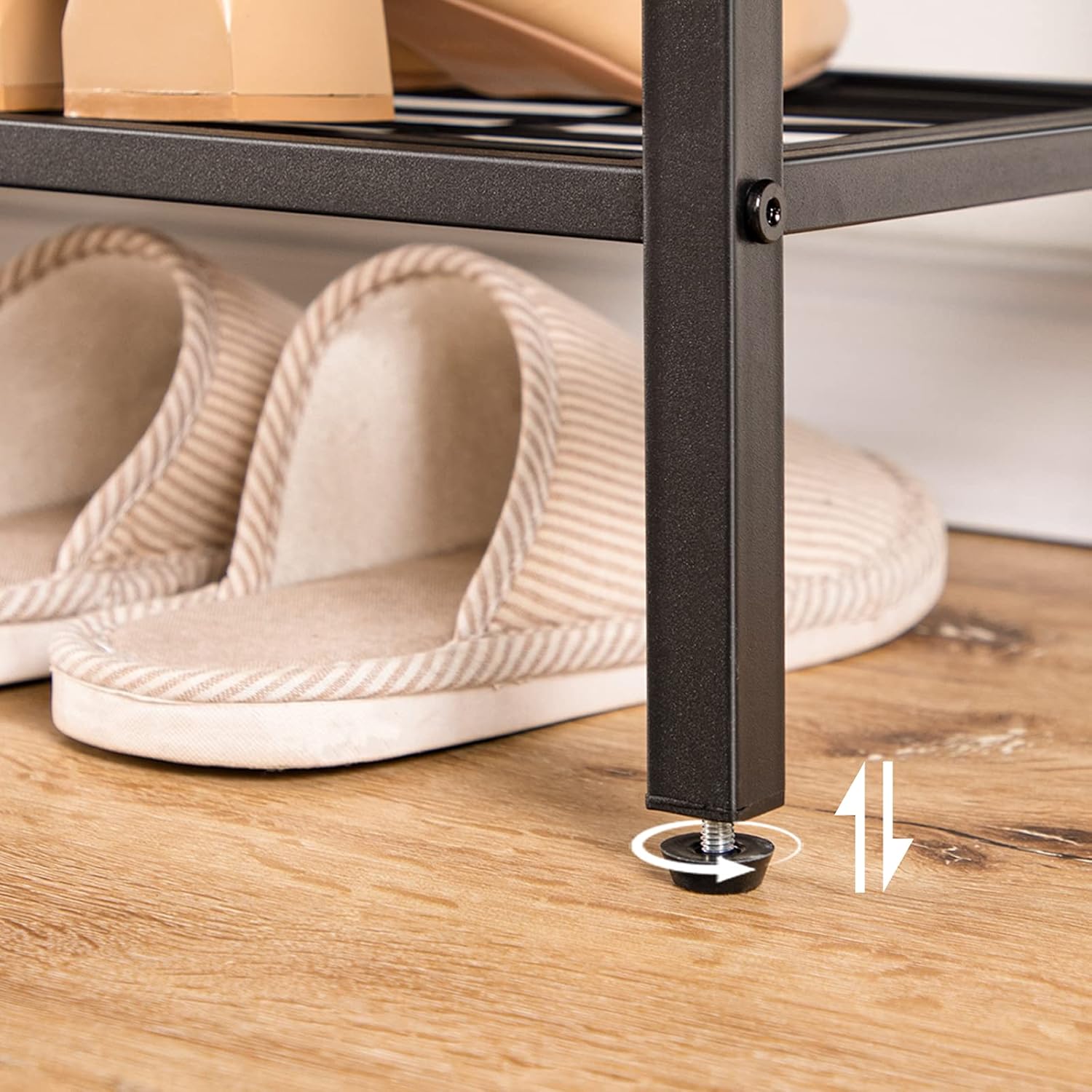 Schuhregal, 4 Ebenen, Schuhregal metall, mit Tischplatte und 3 Netzablage, Schuhregal Schmal, Braun-Schwarz, HOOBRO, 4