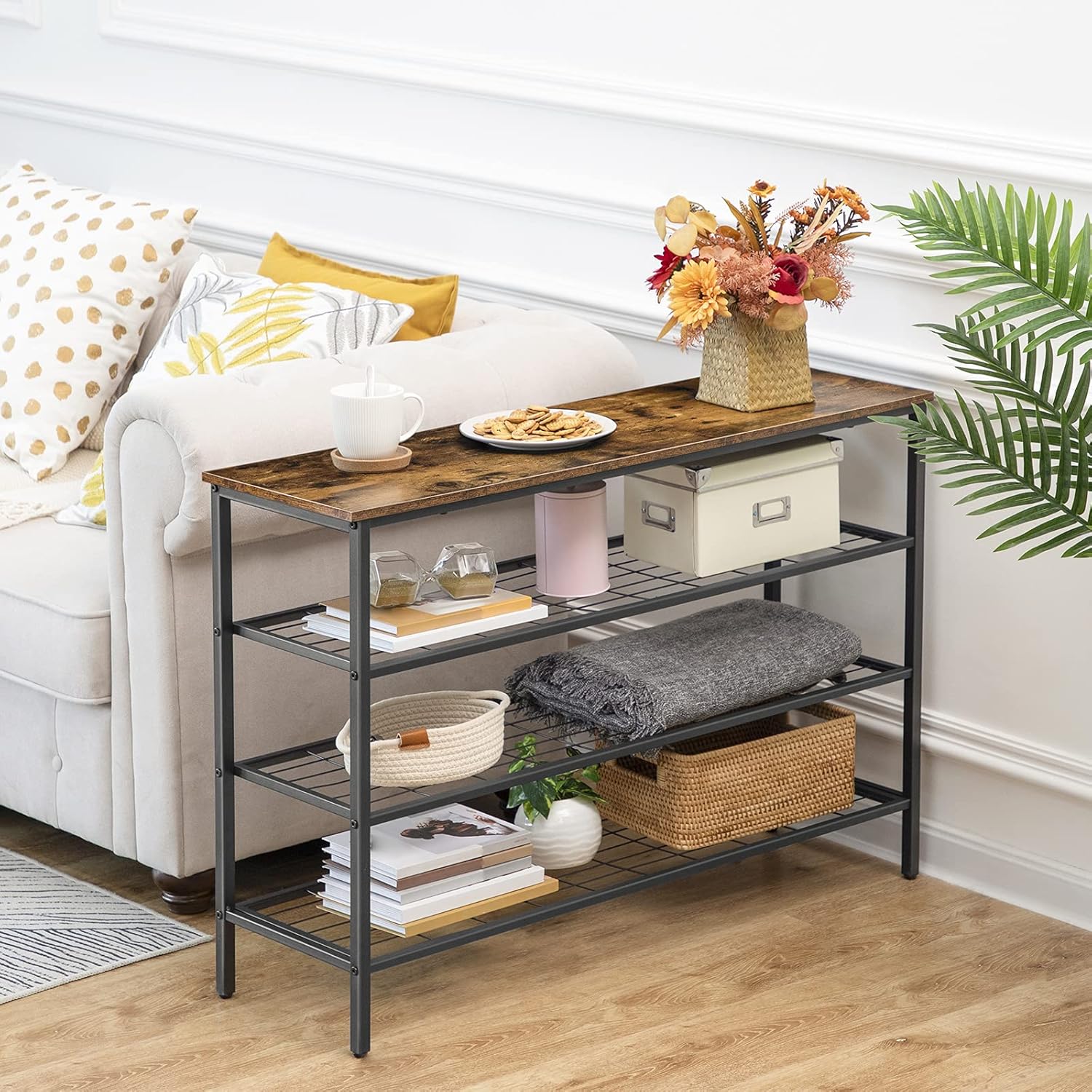 Schuhregal, 4 Ebenen, Schuhregal metall, mit Tischplatte und 3 Netzablage, Schuhregal Schmal, Braun-Schwarz, HOOBRO, 6