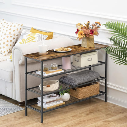 Schuhregal, 4 Ebenen, Schuhregal metall, mit Tischplatte und 3 Netzablage, Schuhregal Schmal, Braun-Schwarz, HOOBRO, 6