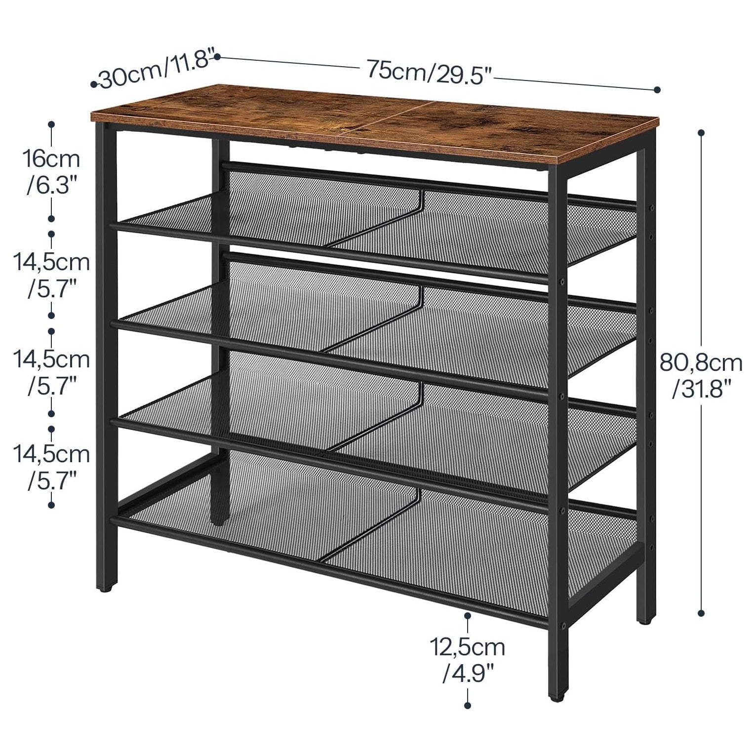Schuhregal, 5 Ebenen, Schuhschrank hoch, 4 verstellbares netzablage, für 16-20 Paar, schuhregal schmal, Braun-schwarz, HOOBRO, 3