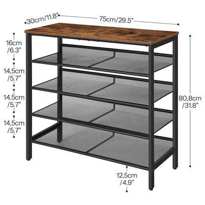 Schuhregal, 5 Ebenen, Schuhschrank hoch, 4 verstellbares netzablage, für 16-20 Paar, schuhregal schmal, Braun-schwarz, HOOBRO, 3