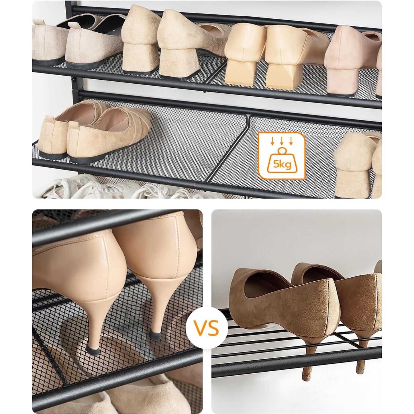 Schuhregal, 5 Ebenen, Schuhschrank hoch, 4 verstellbares netzablage, für 16-20 Paar, schuhregal schmal, Braun-schwarz, HOOBRO, 4