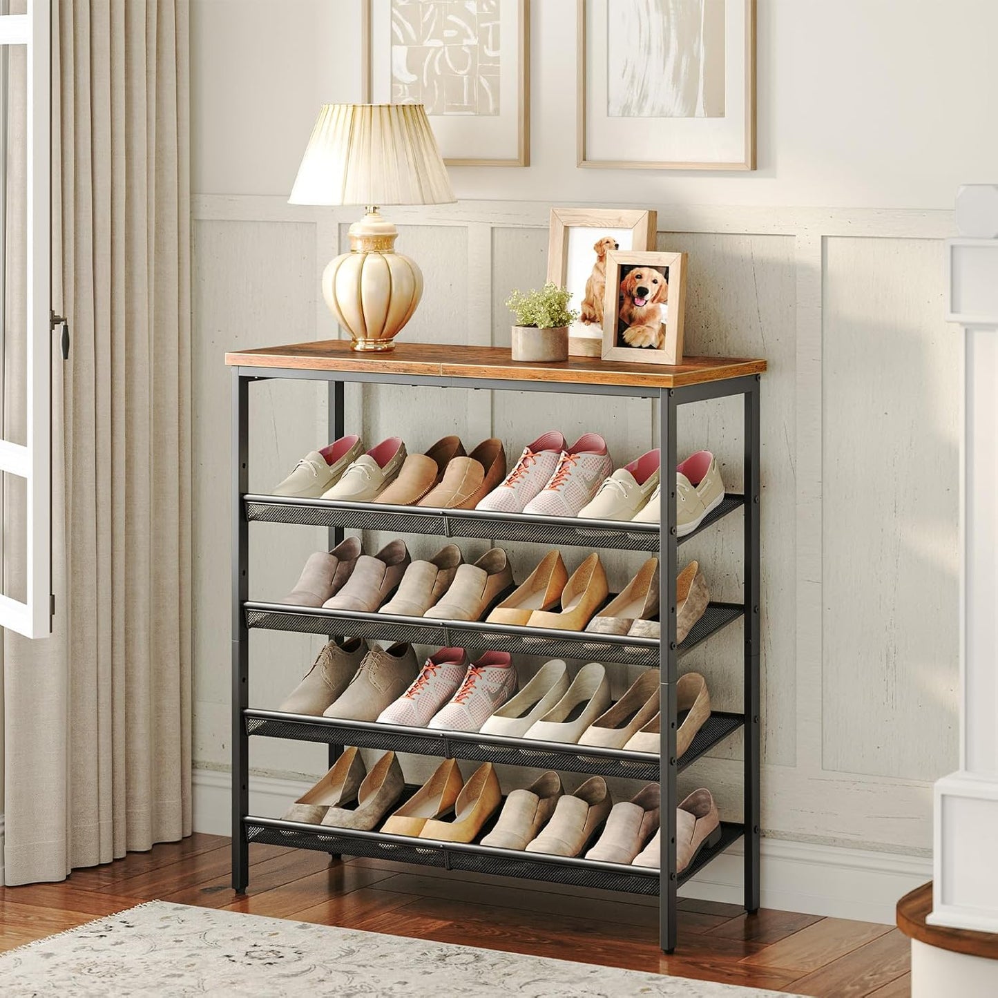 Schuhregal, 5 Ebenen, Schuhschrank hoch, 4 verstellbares netzablage, für 16-20 Paar, schuhregal schmal, Braun-schwarz, HOOBRO, 1