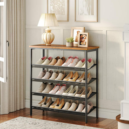 Schuhregal, 5 Ebenen, Schuhschrank hoch, 4 verstellbares netzablage, für 16-20 Paar, schuhregal schmal, Braun-schwarz, HOOBRO, 1