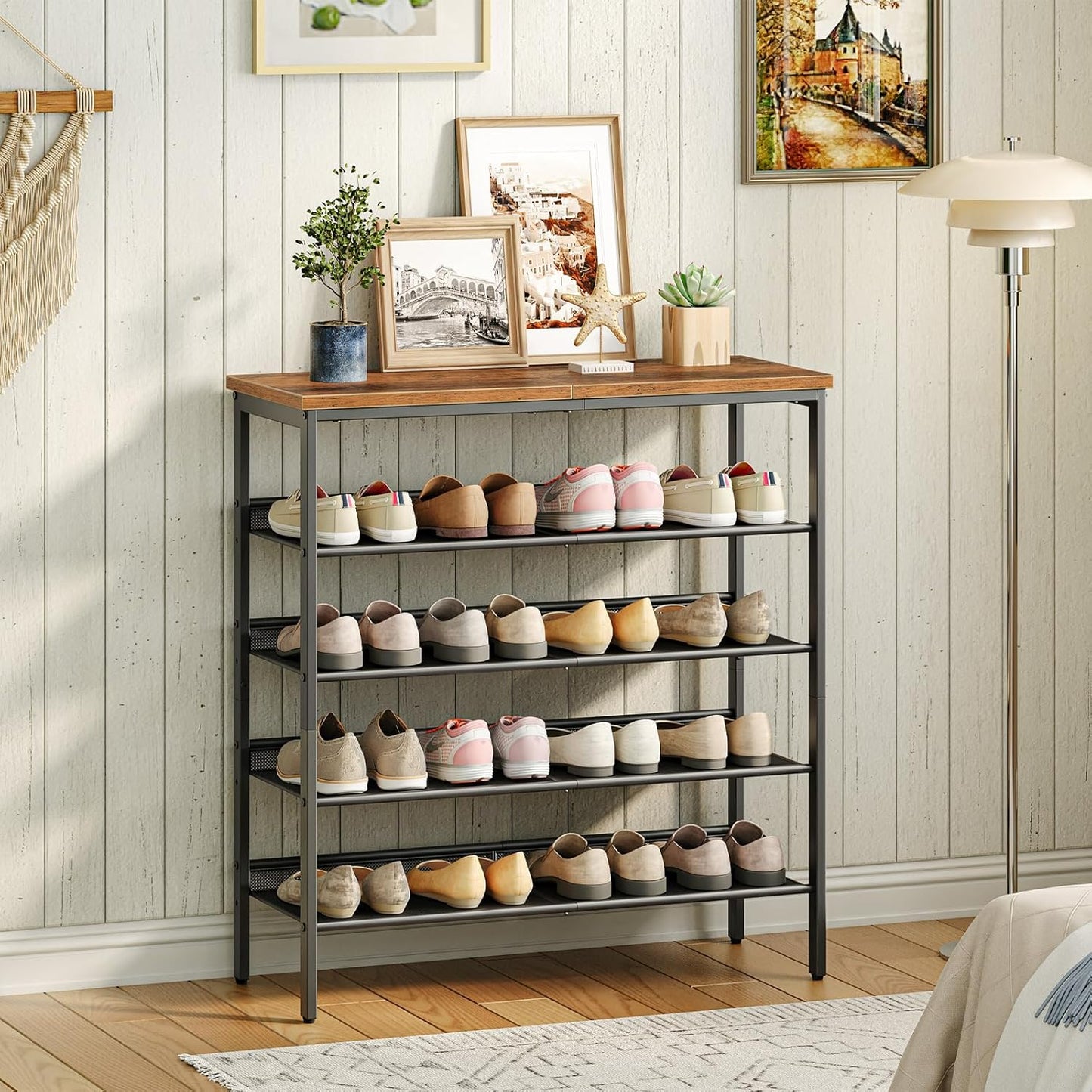 Schuhregal, 5 Ebenen, Schuhschrank hoch, 4 verstellbares netzablage, für 16-20 Paar, schuhregal schmal, Braun-schwarz, HOOBRO, 8