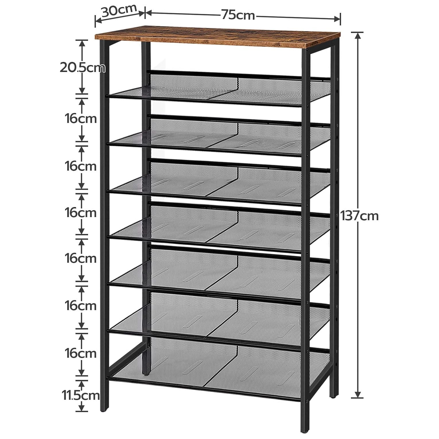 Schuhregal, 8 Ebenen, Schuhschrank, 7 verstellbares netzablage, für 24-32 Paar, Schuhregal Schmal Hoch, Braun-schwarz, HOOBRO, 4