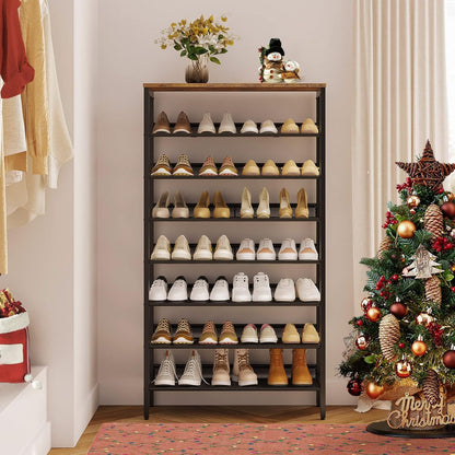 Schuhregal, 8 Ebenen, Schuhschrank, 7 verstellbares netzablage, für 24-32 Paar, Schuhregal Schmal Hoch, Braun-schwarz, HOOBRO, 1