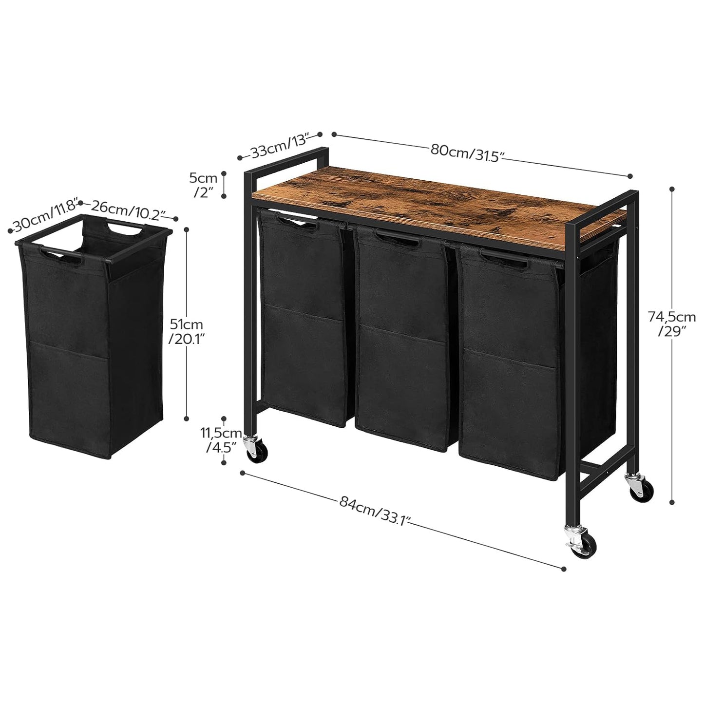 Wäschekorb 3 Fächer, Wäschesortierer, 3x39,8 L, Wäschekorb mit ablage, Wäschewagen mit rollen, Braun-Schwarz, HOOBRO, 3