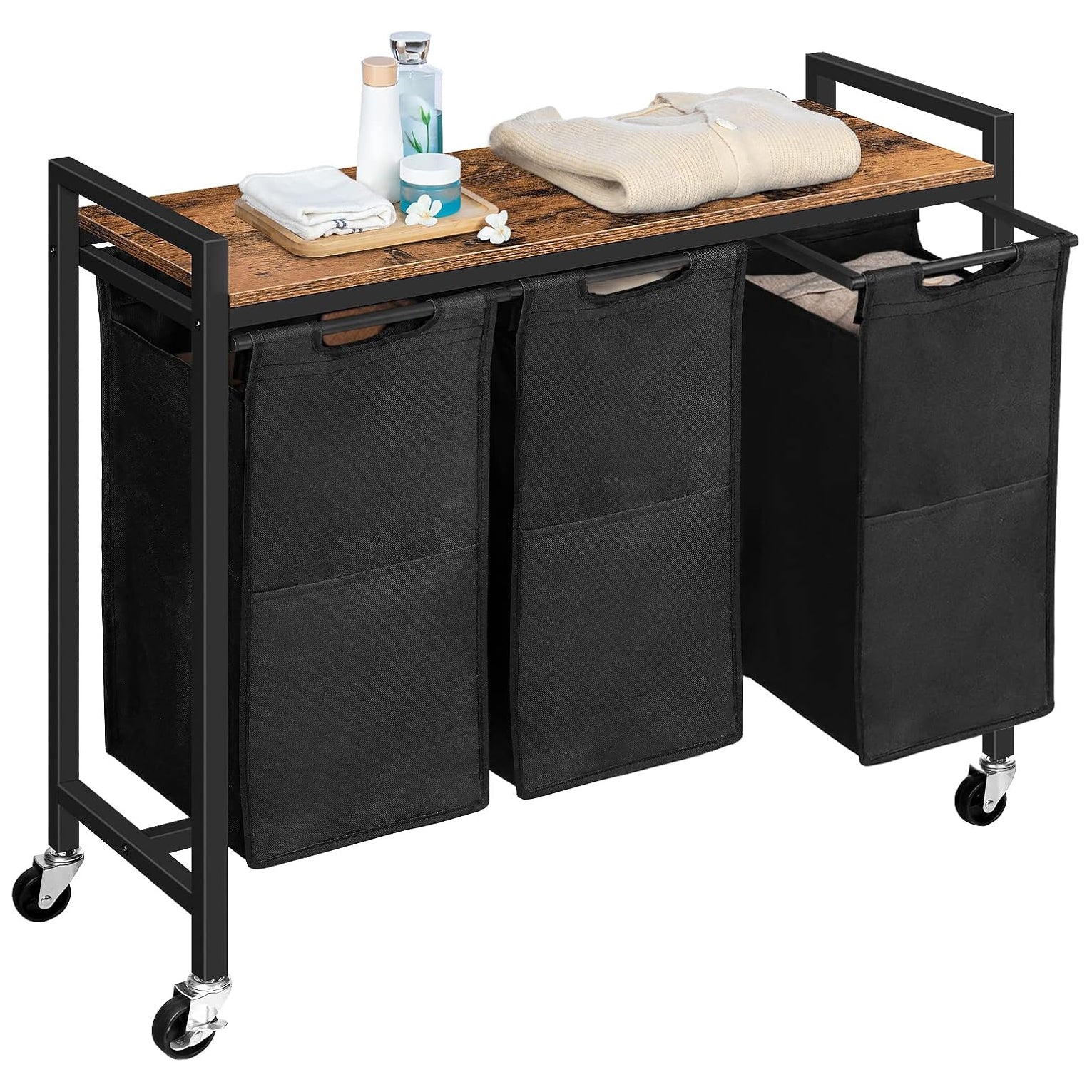 Wäschekorb 3 Fächer, Wäschesortierer, 3x39,8 L, Wäschekorb mit ablage, Wäschewagen mit rollen, Braun-Schwarz, HOOBRO, 1