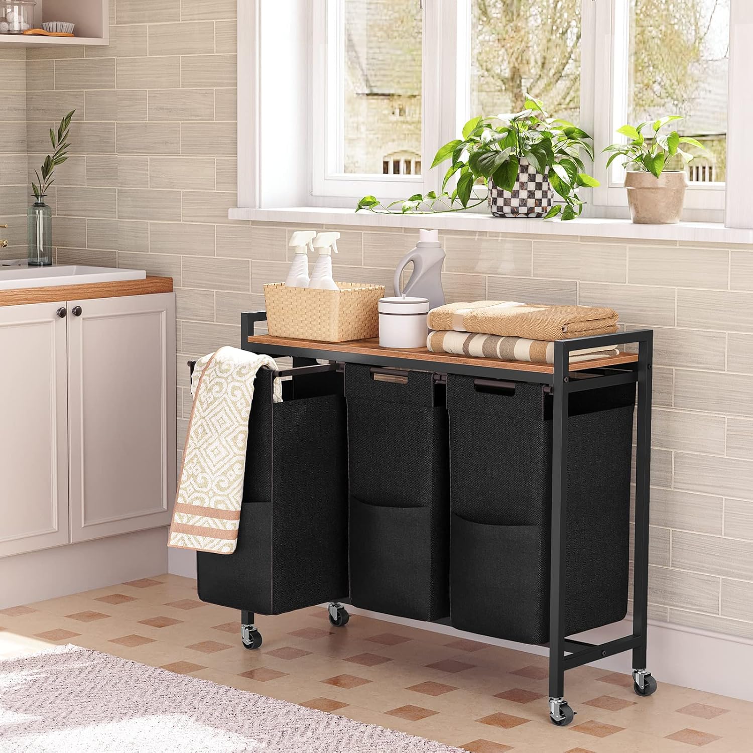 Wäschekorb 3 Fächer, Wäschesortierer, 3x39,8 L, Wäschekorb mit ablage, Wäschewagen mit rollen, Braun-Schwarz, HOOBRO, 6