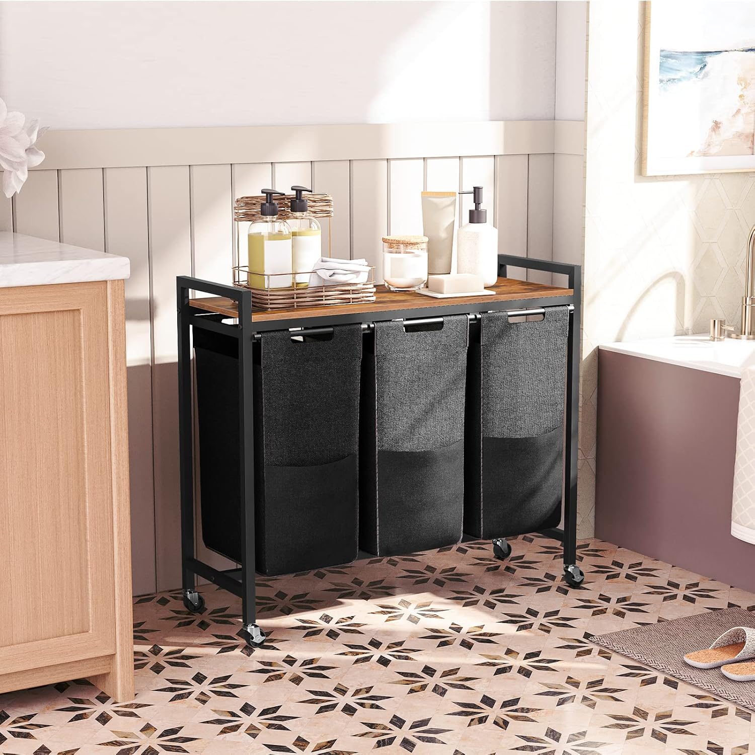 Wäschekorb 3 Fächer, Wäschesortierer, 3x39,8 L, Wäschekorb mit ablage, Wäschewagen mit rollen, Braun-Schwarz, HOOBRO, 8