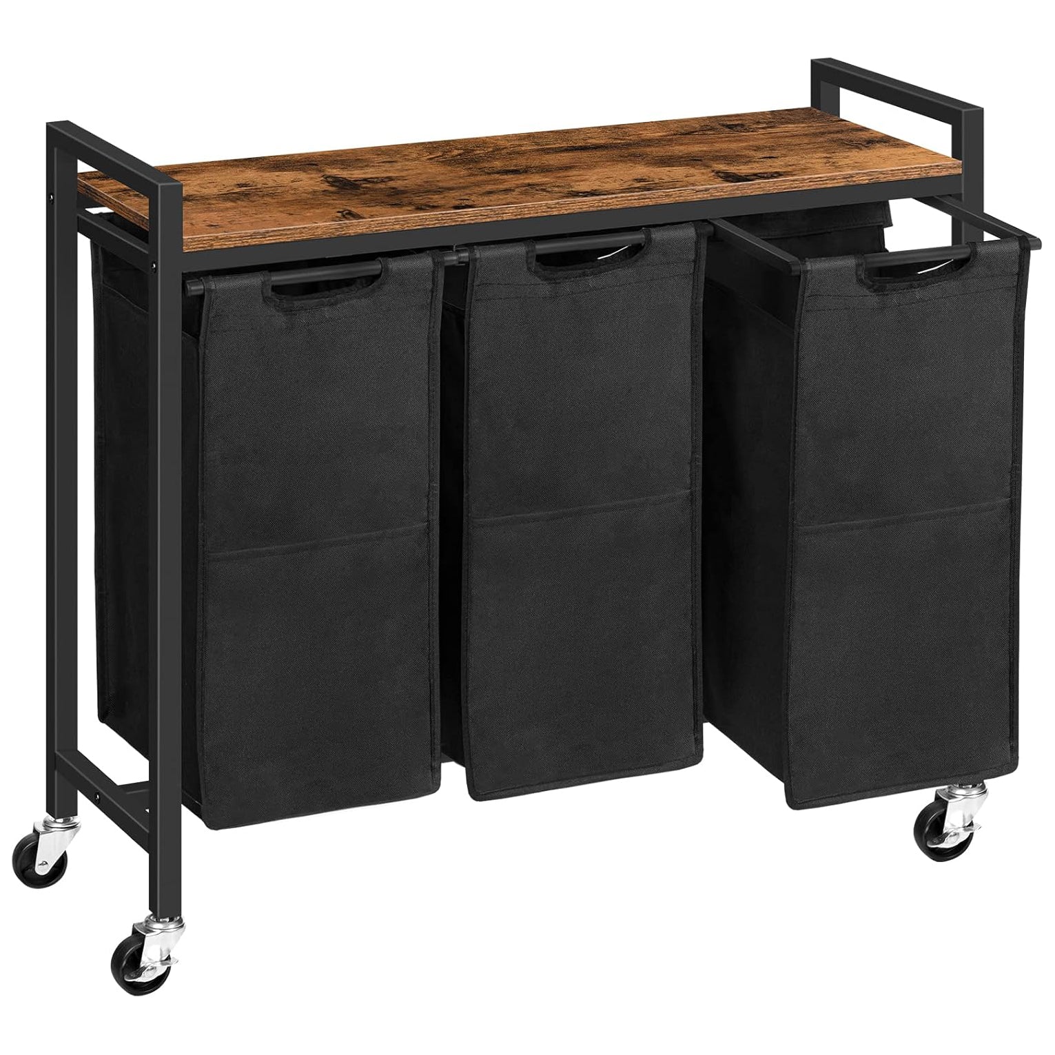 Wäschekorb 3 Fächer, Wäschesortierer, 3x39,8 L, Wäschekorb mit ablage, Wäschewagen mit rollen, Braun-Schwarz, HOOBRO, 7