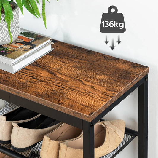 Schuhregal, 3 Ebenen, Schuhbank, mit 2 Netzablage, Schuhregal Schmal, Schuhregal metall, Braun-Schwarz, HOOBRO, 2