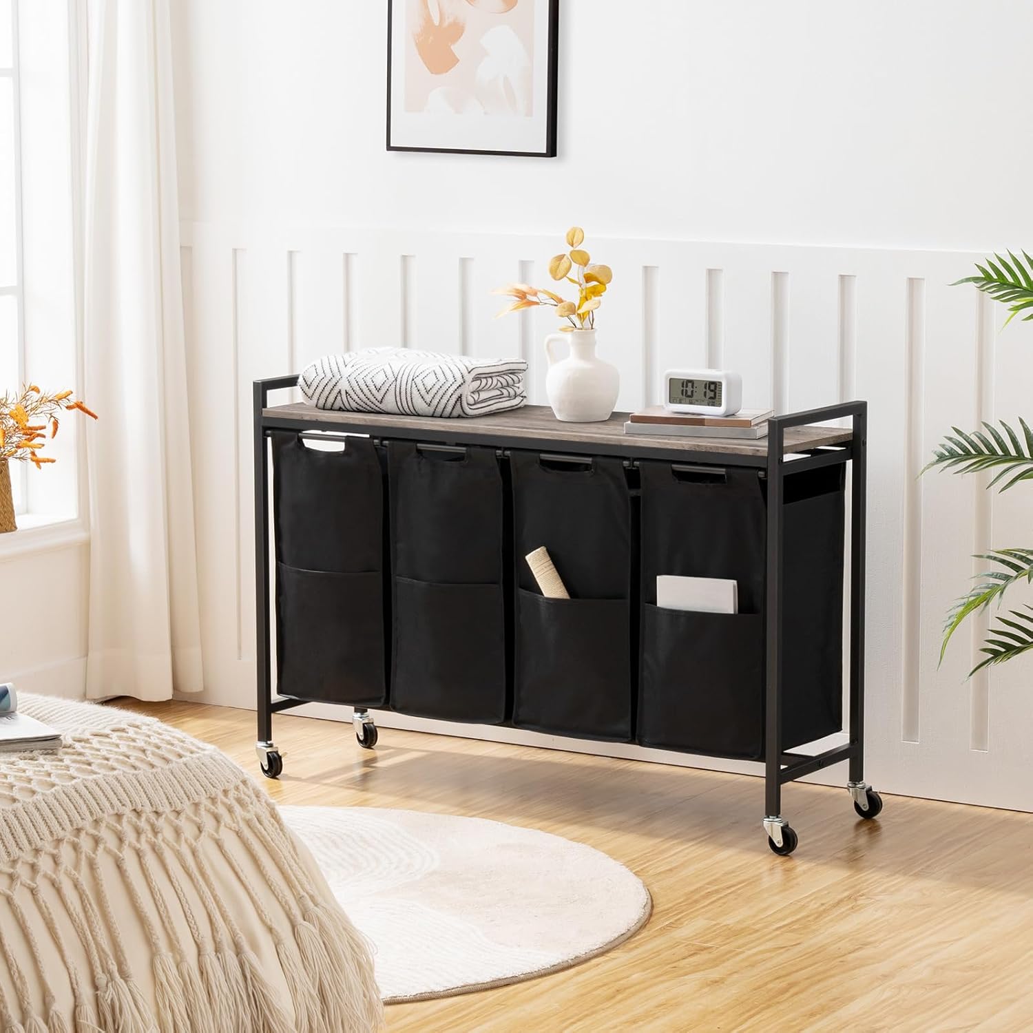 Wäschekorb 4 Fächer, Wäschesortierer, 4x39,8L, Wäschekorb mit ablage, Wäschewagen mit rollen, Greige-Schwarz, HOOBRO, 8