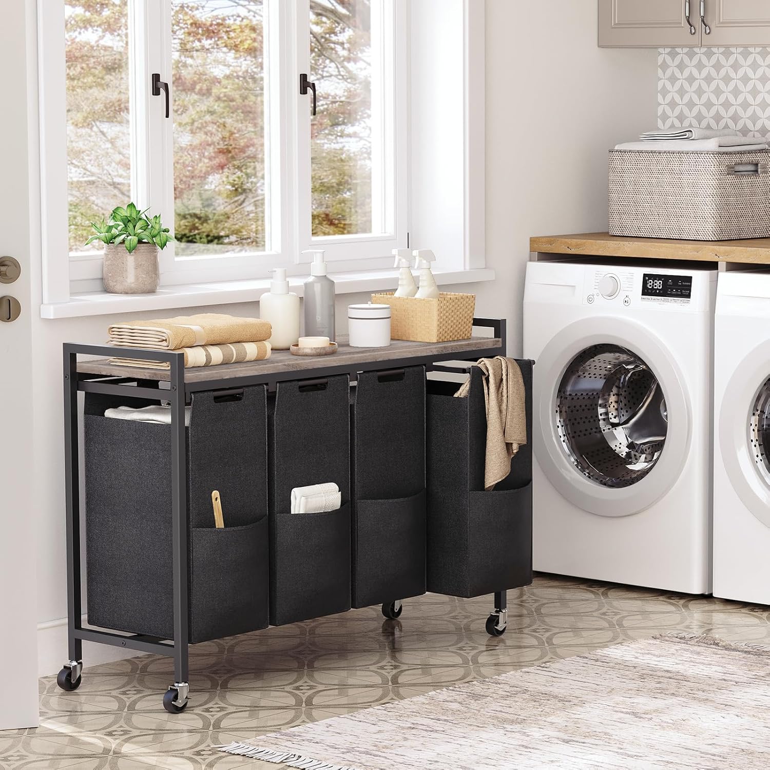 Wäschekorb 4 Fächer, Wäschesortierer, 4x39,8L, Wäschekorb mit ablage, Wäschewagen mit rollen, Greige-Schwarz, HOOBRO, 1
