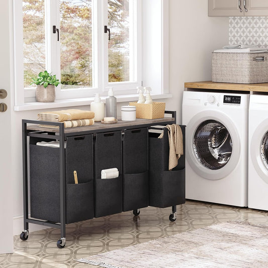 Wäschekorb 4 Fächer, Wäschesortierer, 4x39,8L, Wäschekorb mit ablage, Wäschewagen mit rollen, Greige-Schwarz, HOOBRO, 1