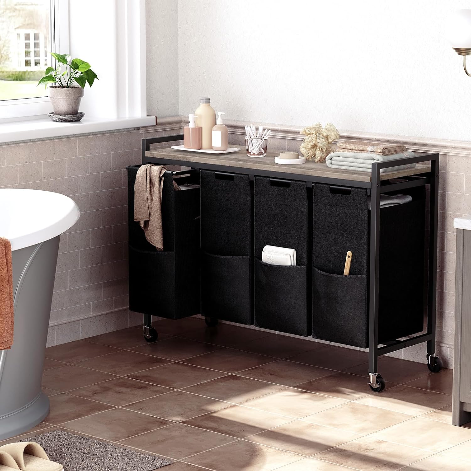Wäschekorb 4 Fächer, Wäschesortierer, 4x39,8L, Wäschekorb mit ablage, Wäschewagen mit rollen, Greige-Schwarz, HOOBRO, 5