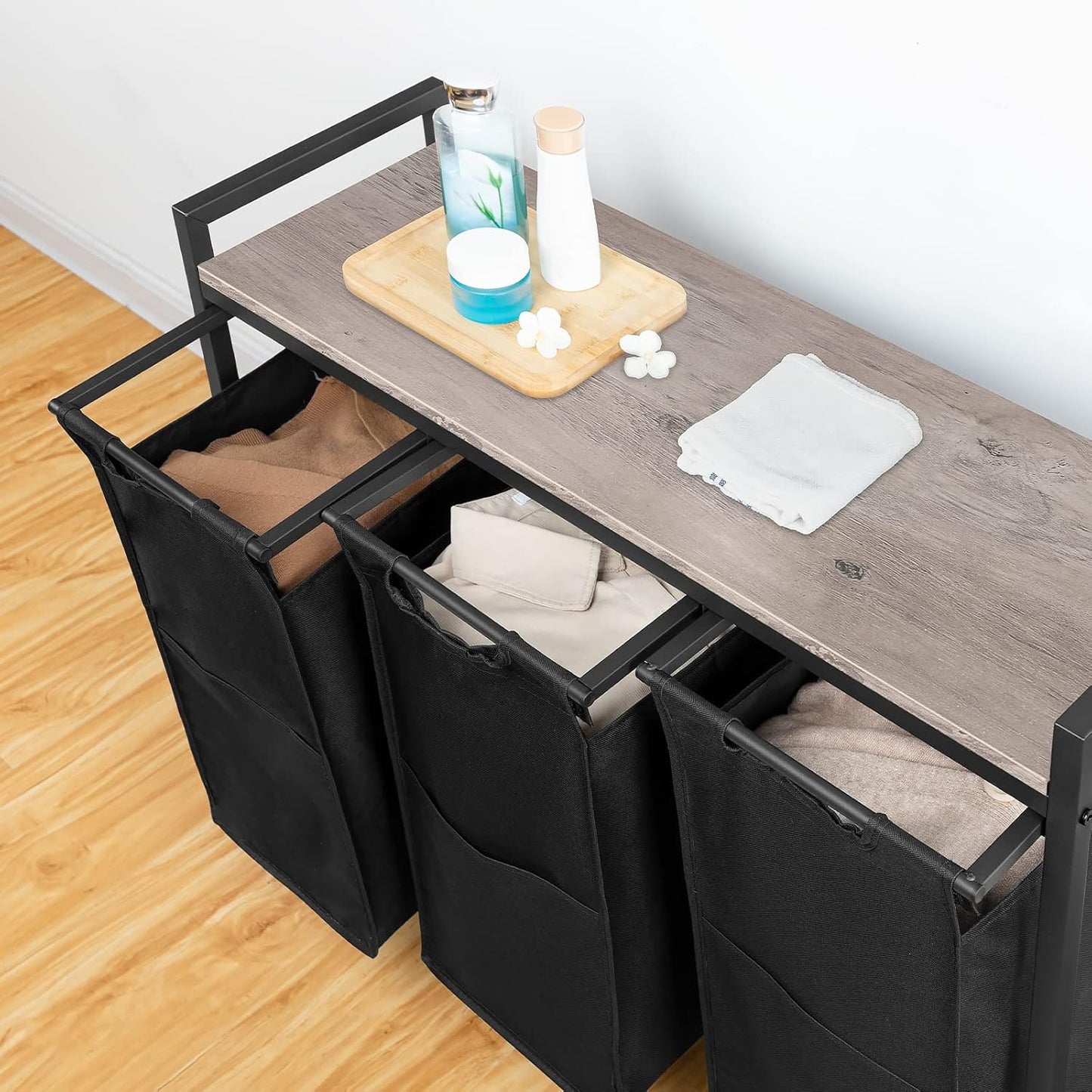 Wäschekorb 3 Fächer, Wäschesortierer, 3x39,8 L, Wäschekorb mit ablage, Wäschewagen mit rollen, Greige-Schwarz, HOOBRO, 2