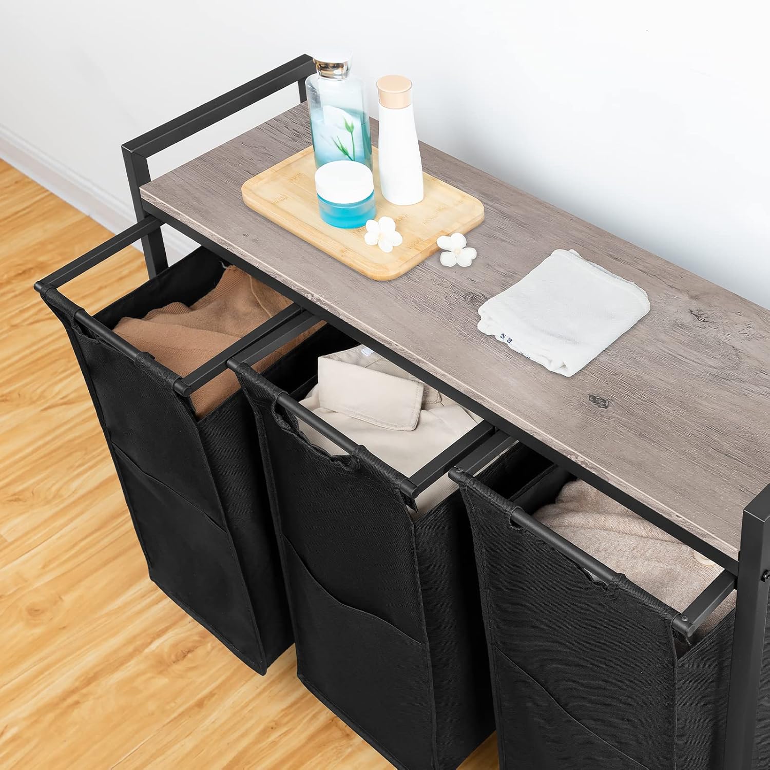 Wäschekorb 3 Fächer, Wäschesortierer, 3x39,8 L, Wäschekorb mit ablage, Wäschewagen mit rollen, Greige-Schwarz, HOOBRO, 2