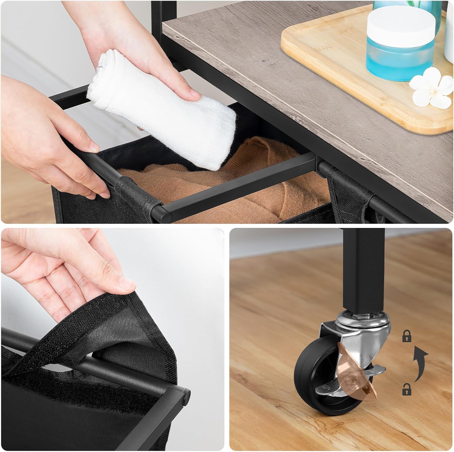 Wäschekorb 3 Fächer, Wäschesortierer, 3x39,8 L, Wäschekorb mit ablage, Wäschewagen mit rollen, Greige-Schwarz, HOOBRO, 4