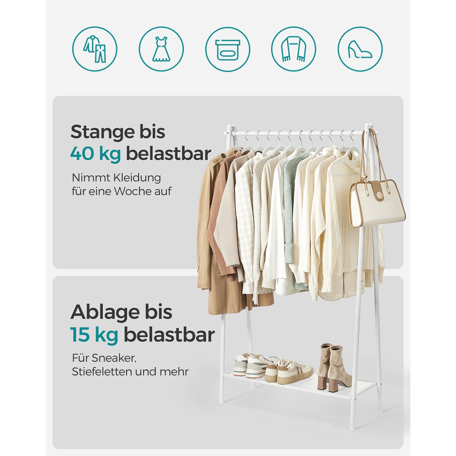 Kleiderständer, Garderobenständer, Kleiderständer Stabil, Kleiderständer Metall, mit Ablage, Weiß, SONGMICS, 3