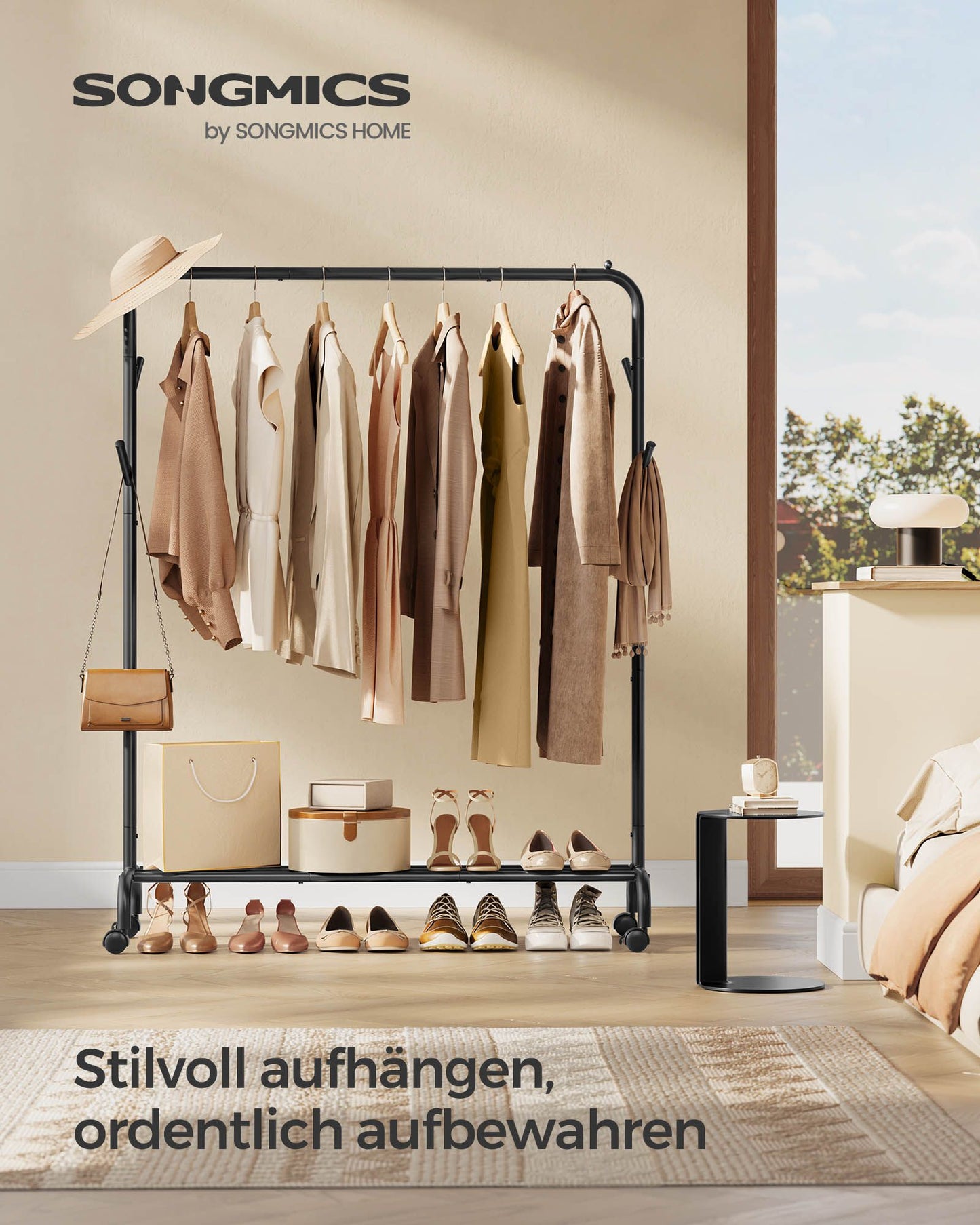 Kleiderständer auf Rollen, Garderobenständer, Kleiderständer mit Ablage, 4 Haken,  Schwarz, SONGMICS, 2